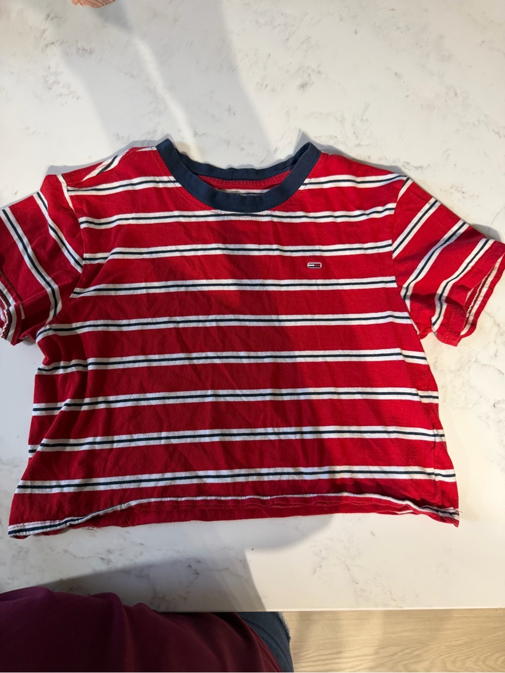 Tommy Hilfiger Red Striped Crop Tee with Navy Trim